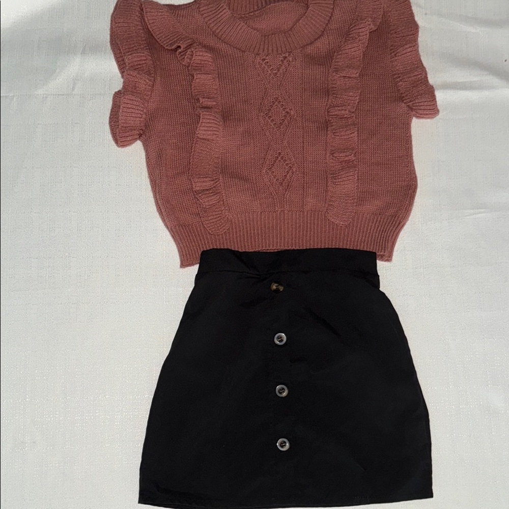 Pink Ruffled Sweater and Black Button Skirt